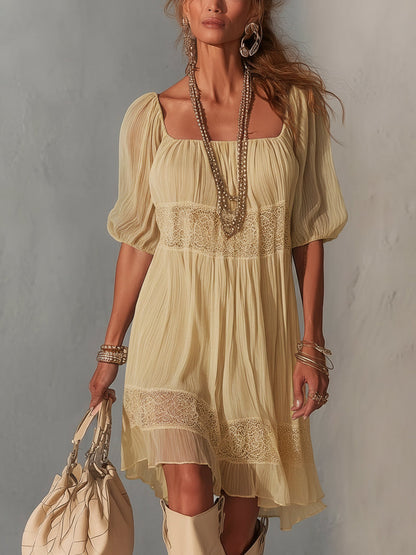 Robe Midi Bleue — Chiffon Plissé Col Dentelle Zip