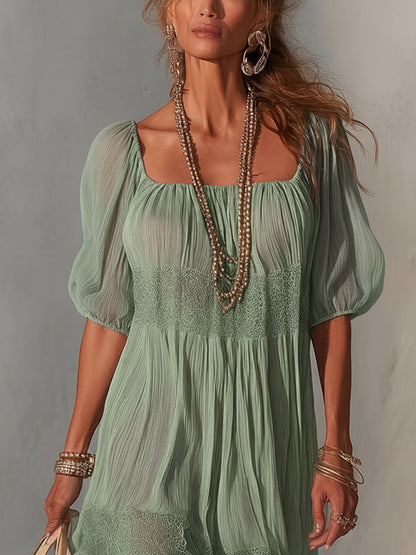 Robe Midi Bleue — Chiffon Plissé Col Dentelle Zip