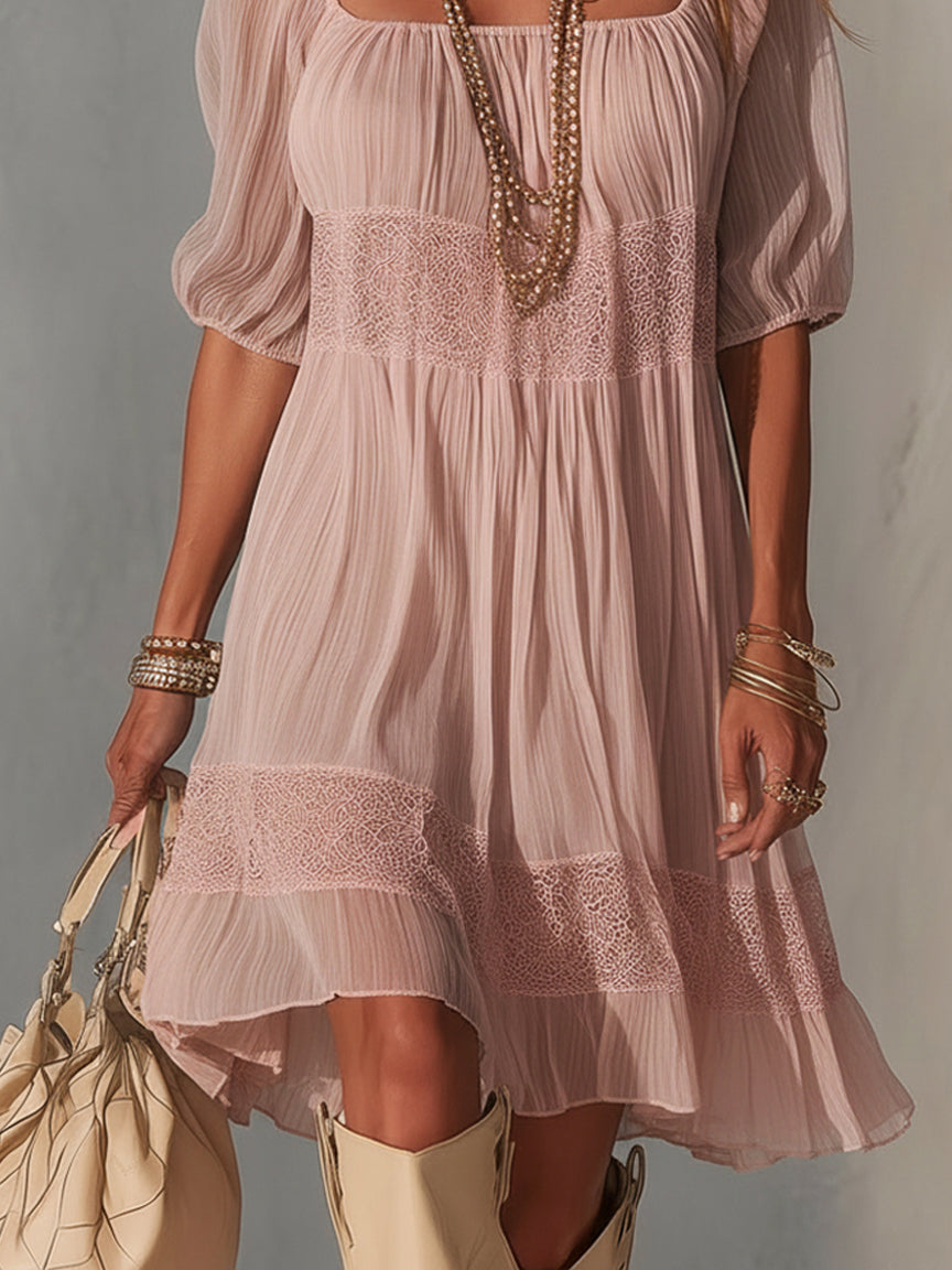 Robe Midi Bleue — Chiffon Plissé Col Dentelle Zip