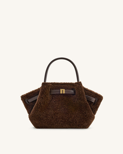 Petit sac cabas en fausse fourrure Hana – Marron foncé
