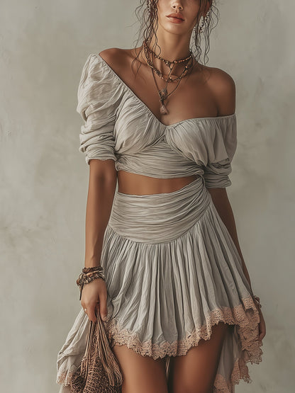 Ensemble Gris — Top Col V Midi et Jupe Deux Pièces