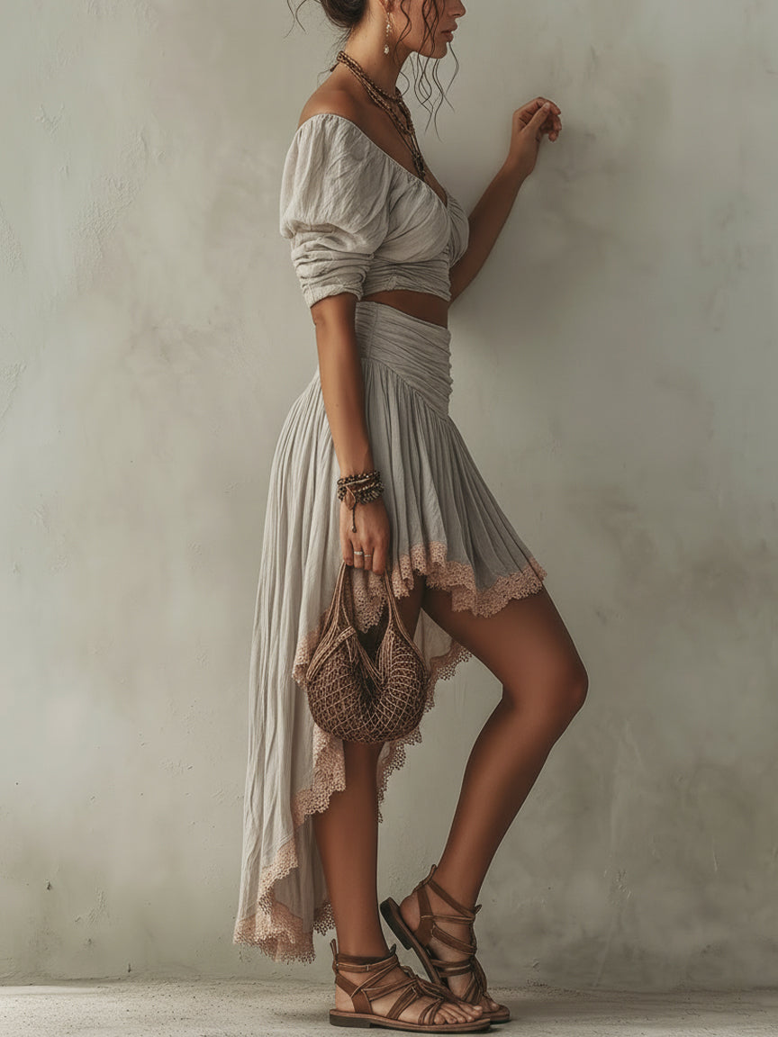 Ensemble Gris — Top Col V Midi et Jupe Deux Pièces