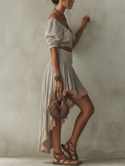Ensemble Gris — Top Col V Midi et Jupe Deux Pièces