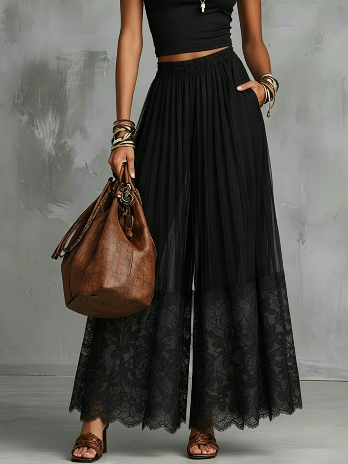 Black Lace-Trim Wide-Leg Pants Two-Piece Set