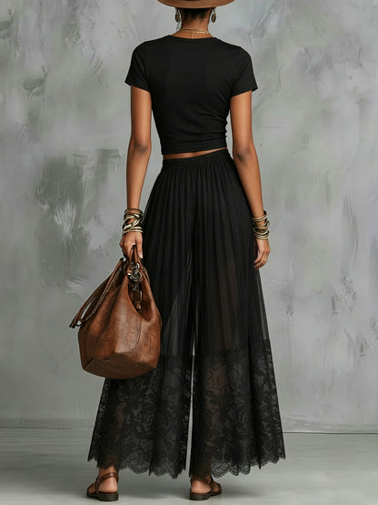Black Lace-Trim Wide-Leg Pants Two-Piece Set