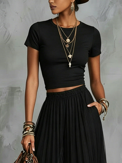Black Lace-Trim Wide-Leg Pants Two-Piece Set
