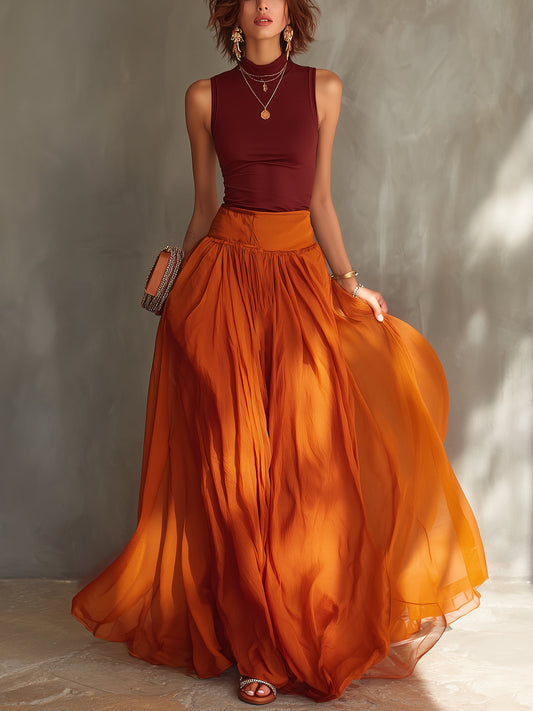 Ensemble Rouge — Top Sans Manches et Jupe Maxi Chiffon