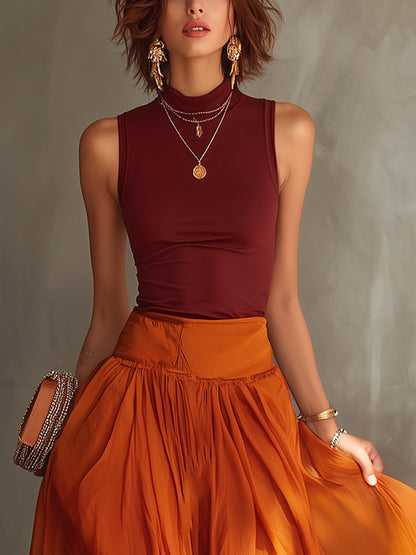 Ensemble Rouge — Top Sans Manches et Jupe Maxi Chiffon
