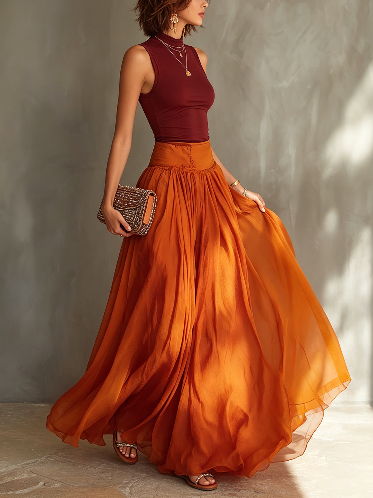 Ensemble Rouge — Top Sans Manches et Jupe Maxi Chiffon