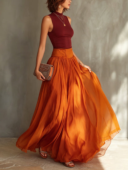 Ensemble Rouge — Top Sans Manches et Jupe Maxi Chiffon