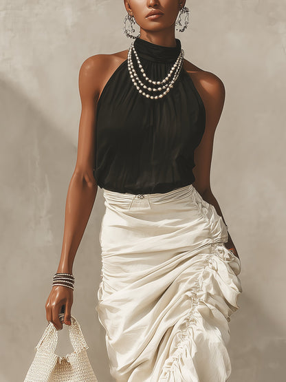 Black Halter Top And Ivory Ruched Midi Skirt Set