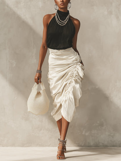 Black Halter Top And Ivory Ruched Midi Skirt Set