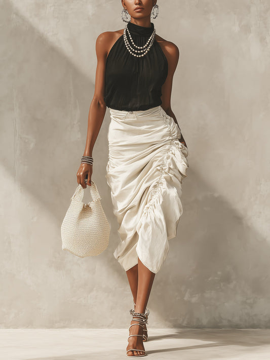 Ensemble Noir — Top Halter et Jupe Midi Ivoire Froissée