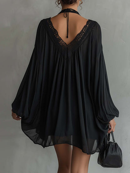 Robe Mini Noire — Chiffon Halter Col Dentelle
