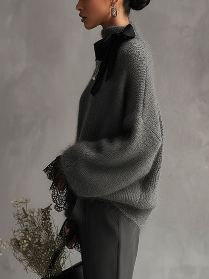 Pull Gris — Mohair Tricoté Poignets Dentelle