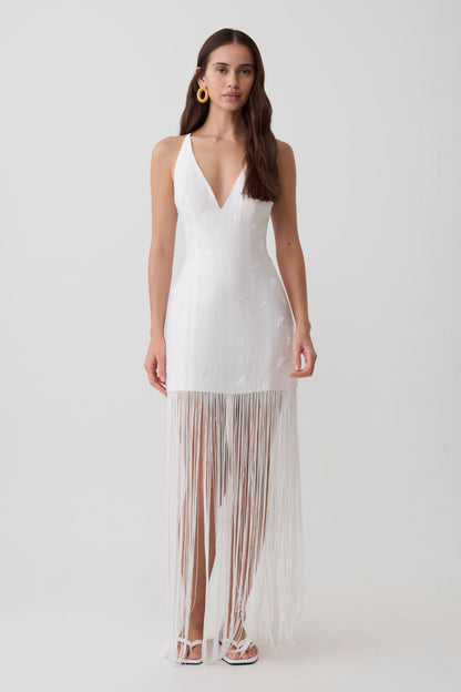 Abigail V Neck Fringe Maxi Dress - White