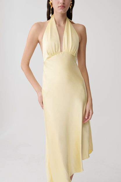 Adelie Asymmetric Hem Halter Midi Dress - Butter