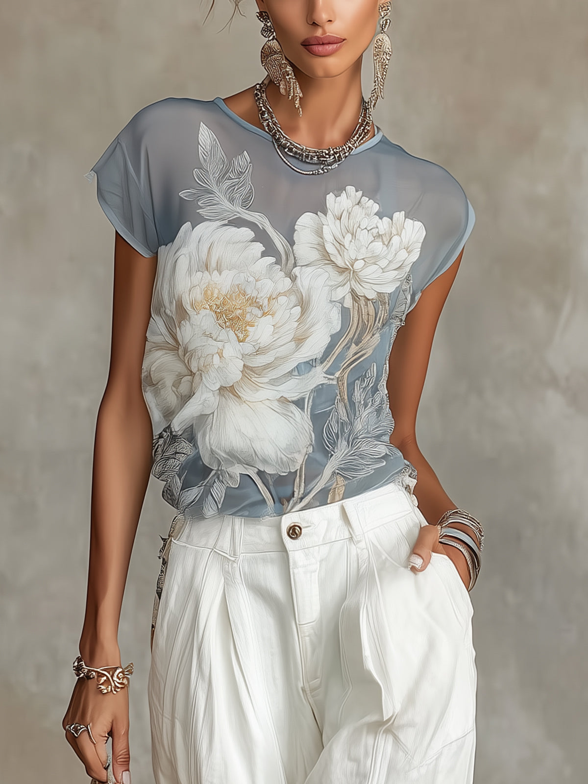 Blouse Bleue — Chiffon Fleuri Transparente