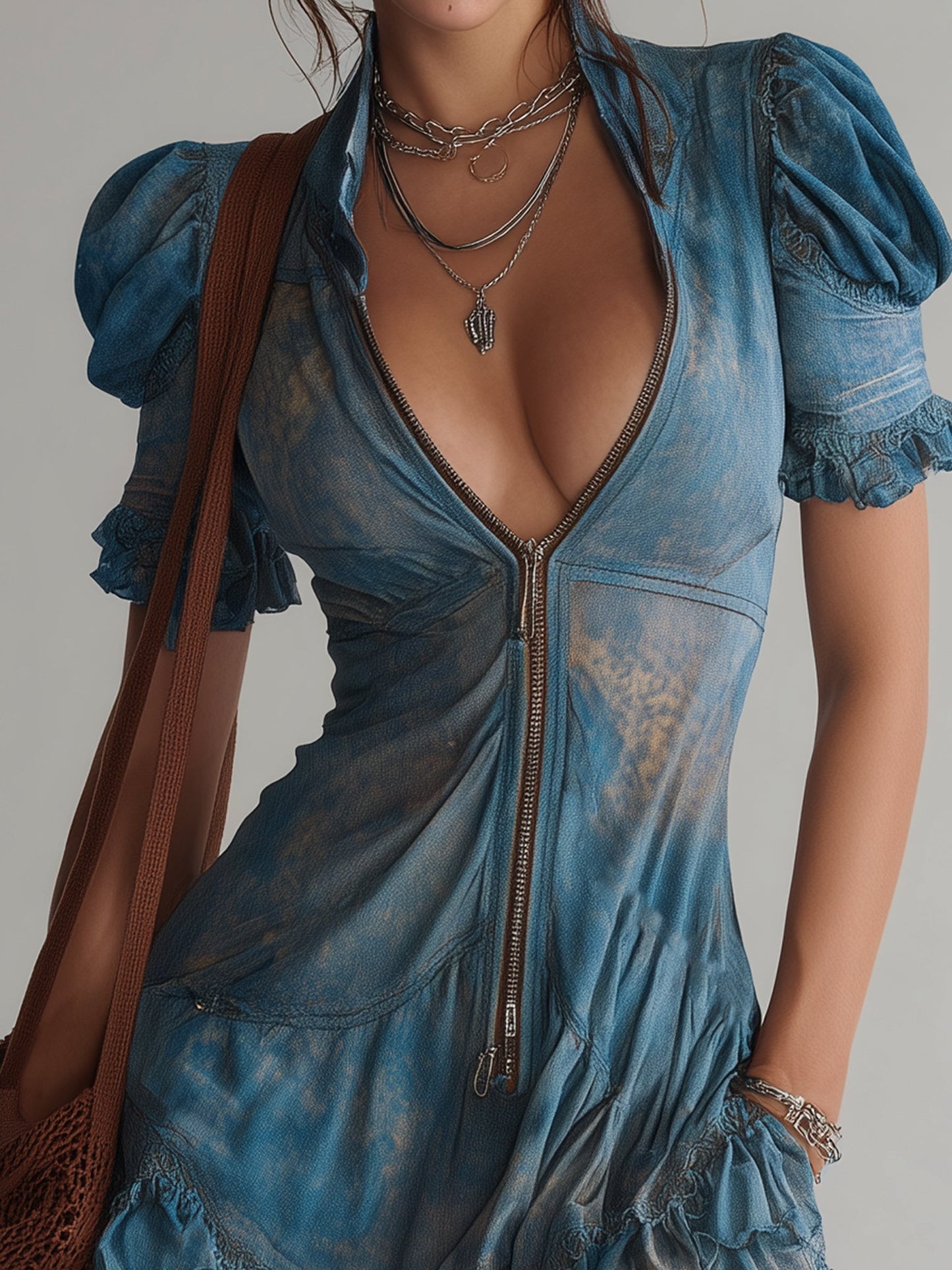 Robe Mini Bleue — Chiffon Floral Zip