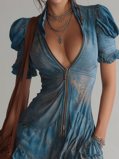Robe Mini Bleue — Chiffon Floral Zip