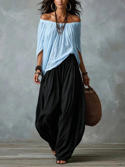 Ensemble Haut Épaules Dénudées & Pantalon Large Blanc