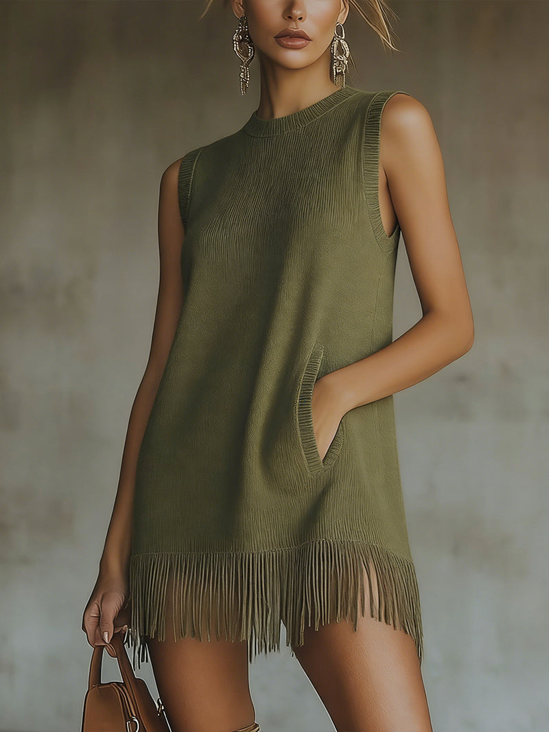 Robe Mini Vert Olive — Tricot Sans Manches Franges