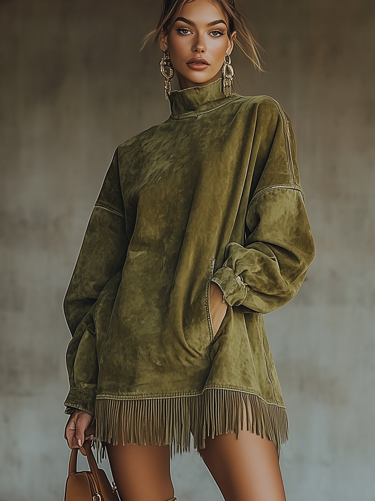 Robe Mini Olive — Daim Col Roulé Franges