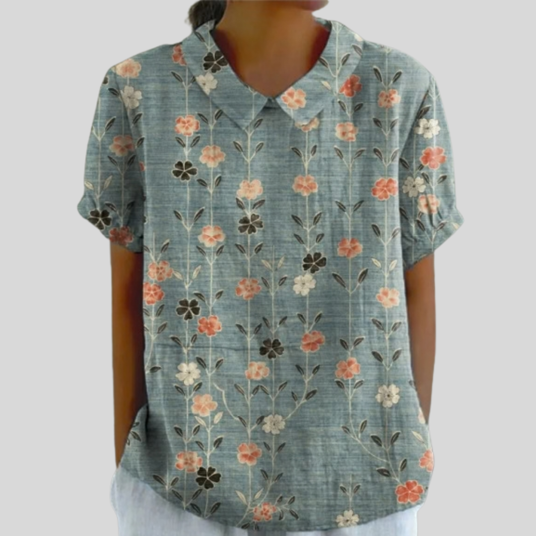 Blouse Élora — Fleurs Alignées Fond Bleu