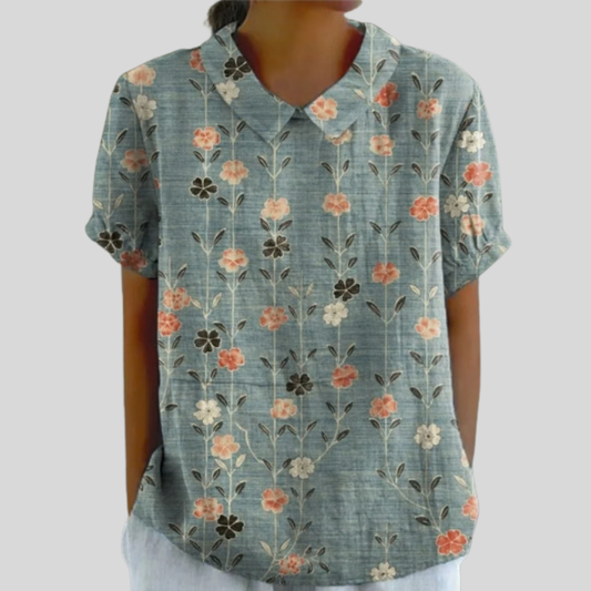 Blouse Élora — Fleurs Alignées Fond Bleu