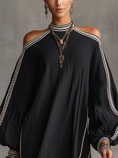 Robe Mini Noire — Lin Boho Épaules Froides Manches Lanterne