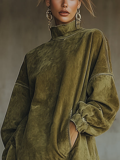 Robe Mini Olive — Daim Col Roulé Franges
