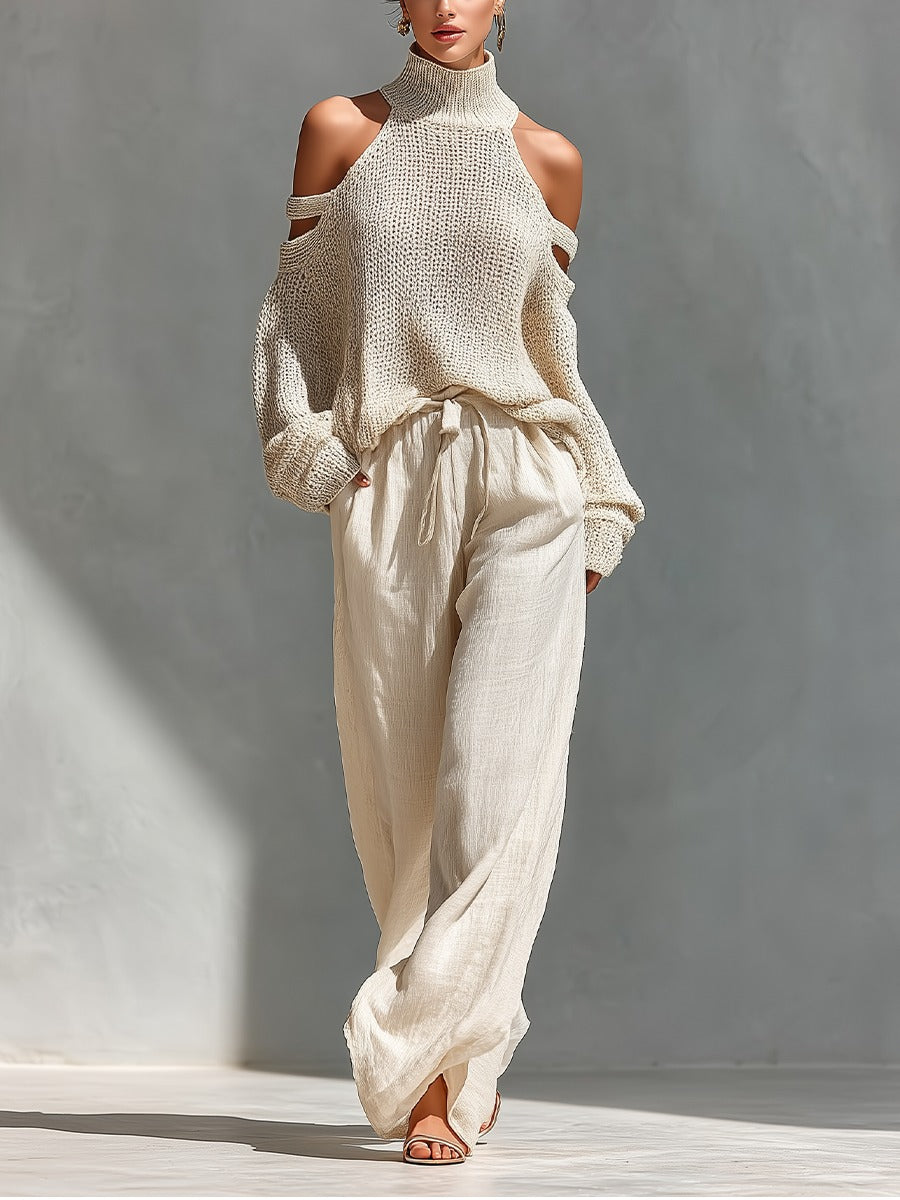 Ensemble Ivoire — Pull Col Roulé Épaules Nues et Pantalon Large