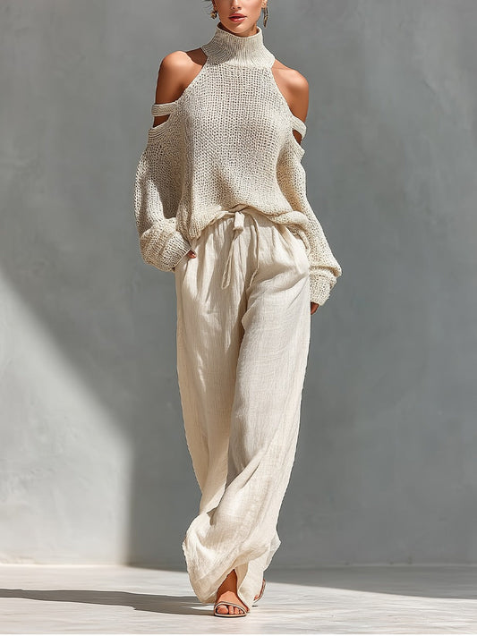 Ensemble Ivoire — Pull Col Roulé Épaules Nues et Pantalon Large
