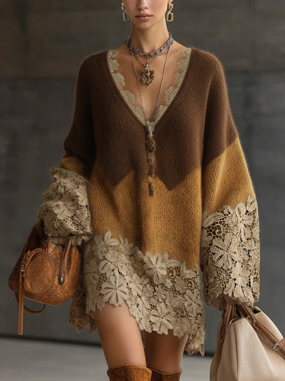 Robe Mini Marron — Tricot Ombré Dentelle Oversize