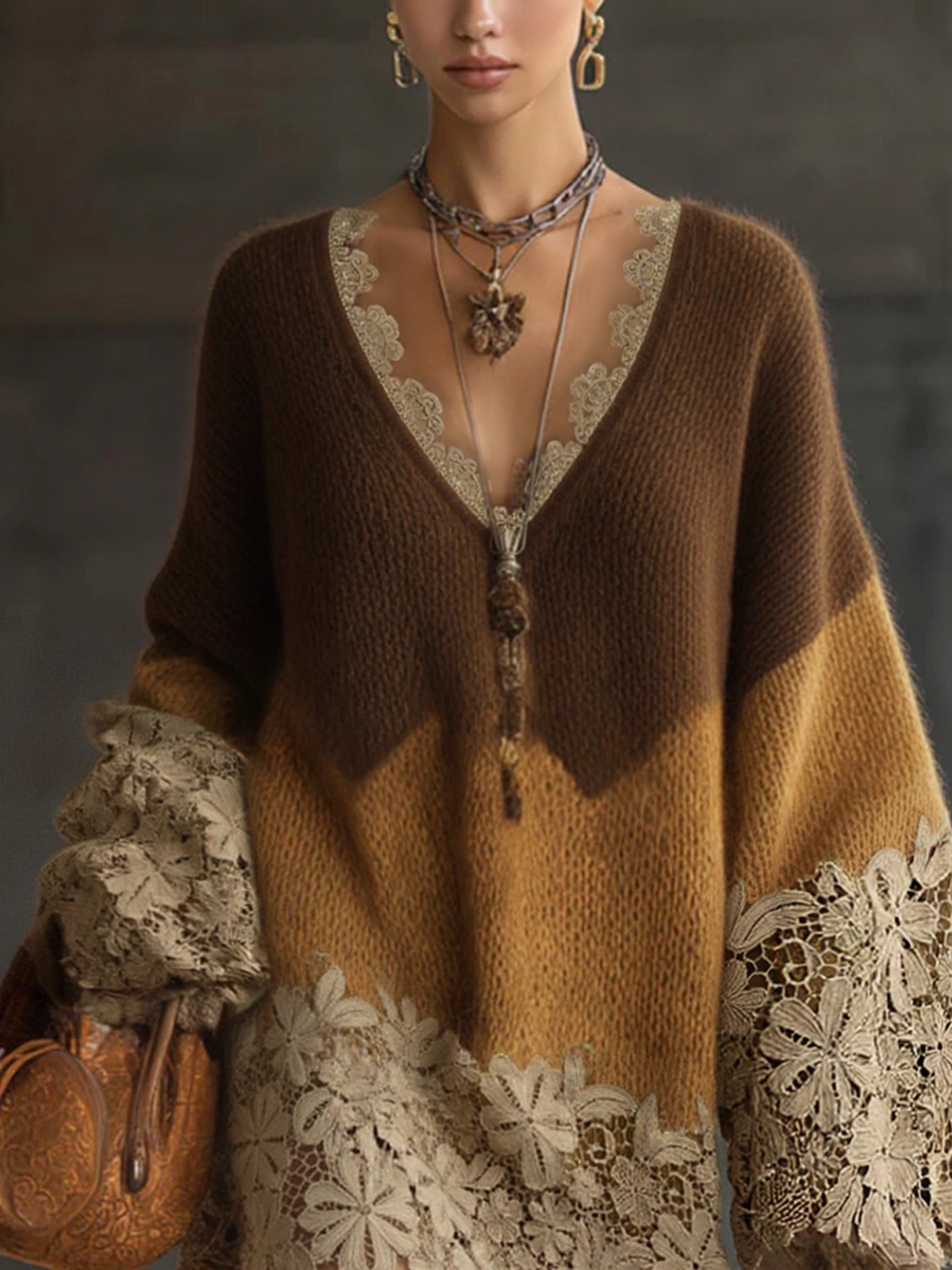 Robe Mini Marron — Tricot Ombré Dentelle Oversize