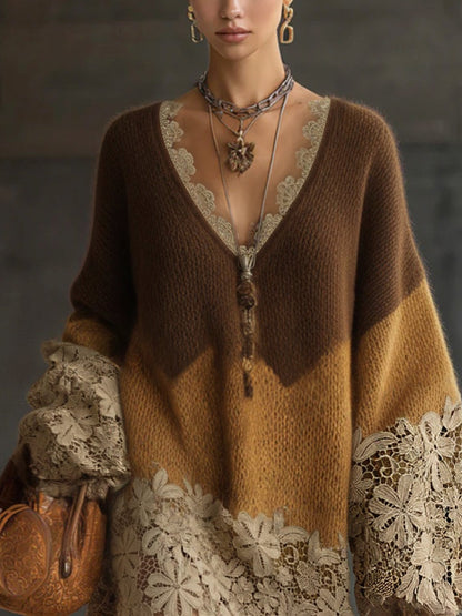 Robe Mini Marron — Tricot Ombré Dentelle Oversize