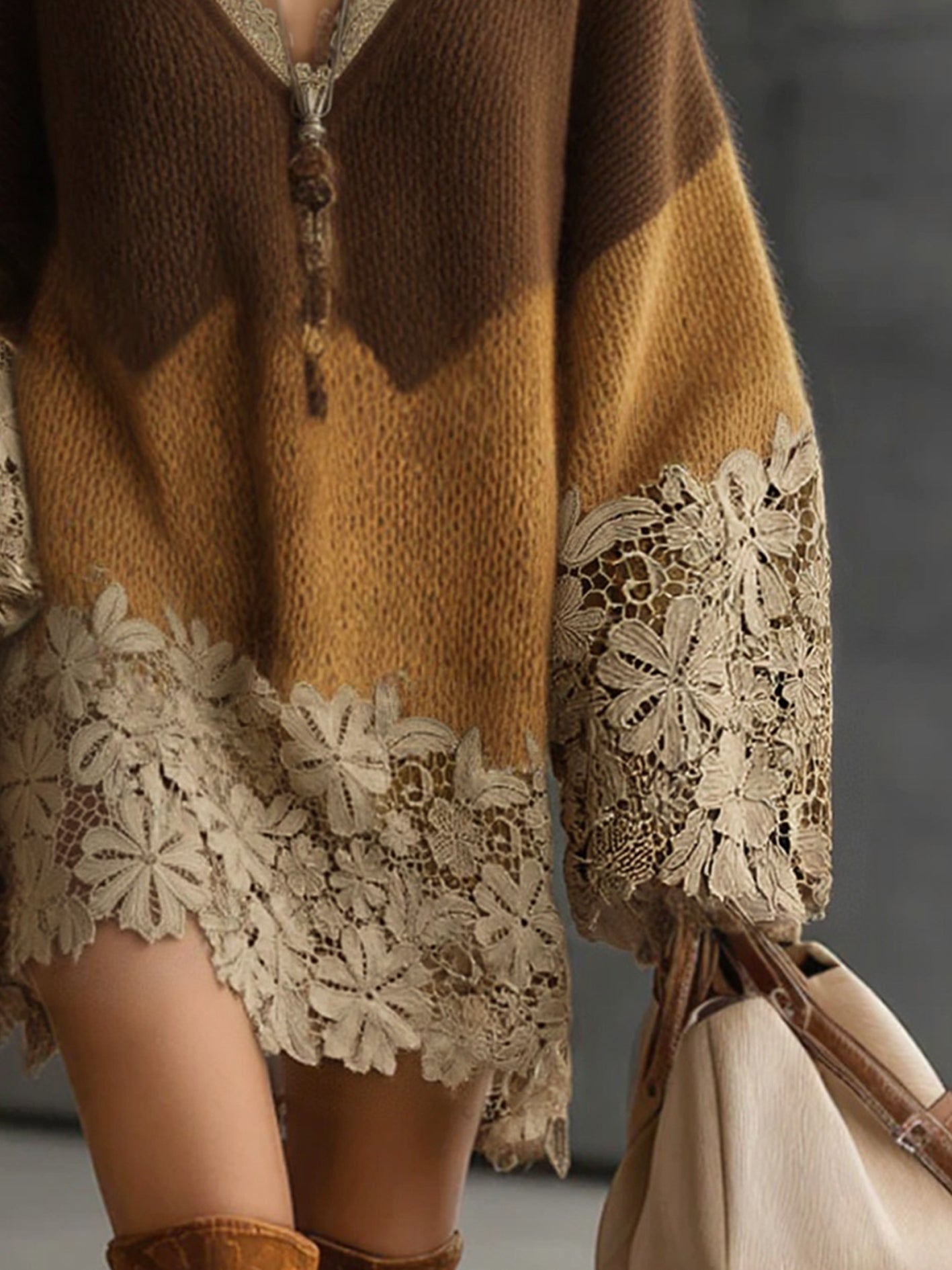 Robe Mini Marron — Tricot Ombré Dentelle Oversize