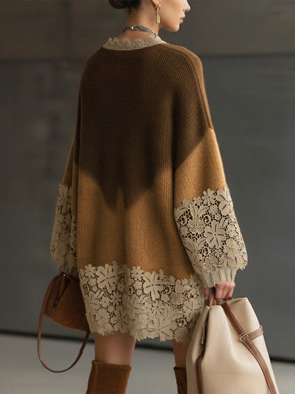 Robe Mini Marron — Tricot Ombré Dentelle Oversize