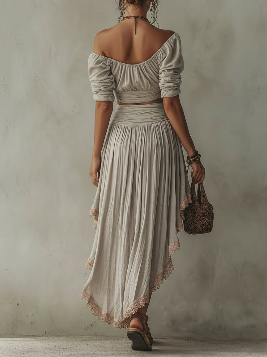 Ensemble Gris — Top Col V Midi et Jupe Deux Pièces