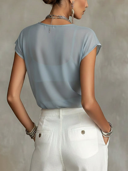 Blouse Bleue — Chiffon Fleuri Transparente