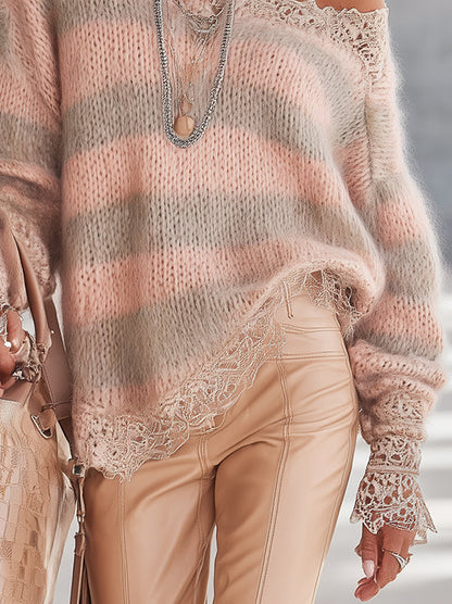 Pull Rose — Mohair Rayé Taupe Poignets Dentelle