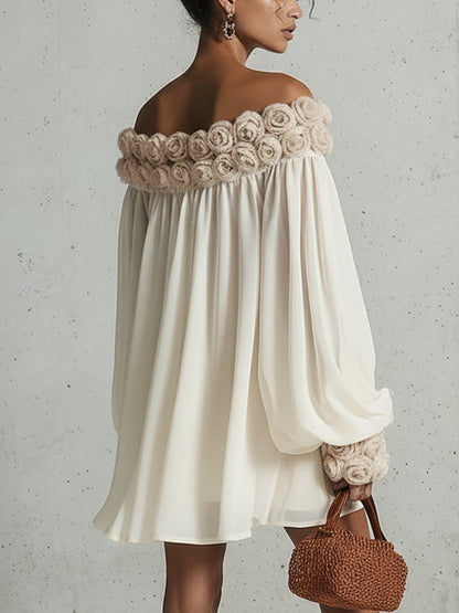 Robe Mini Crème — Chiffon 3D Fleurs Zip