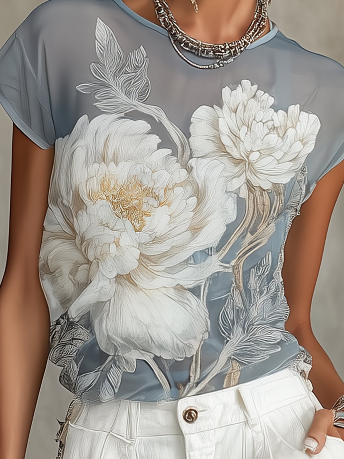 Blouse Bleue — Chiffon Fleuri Transparente