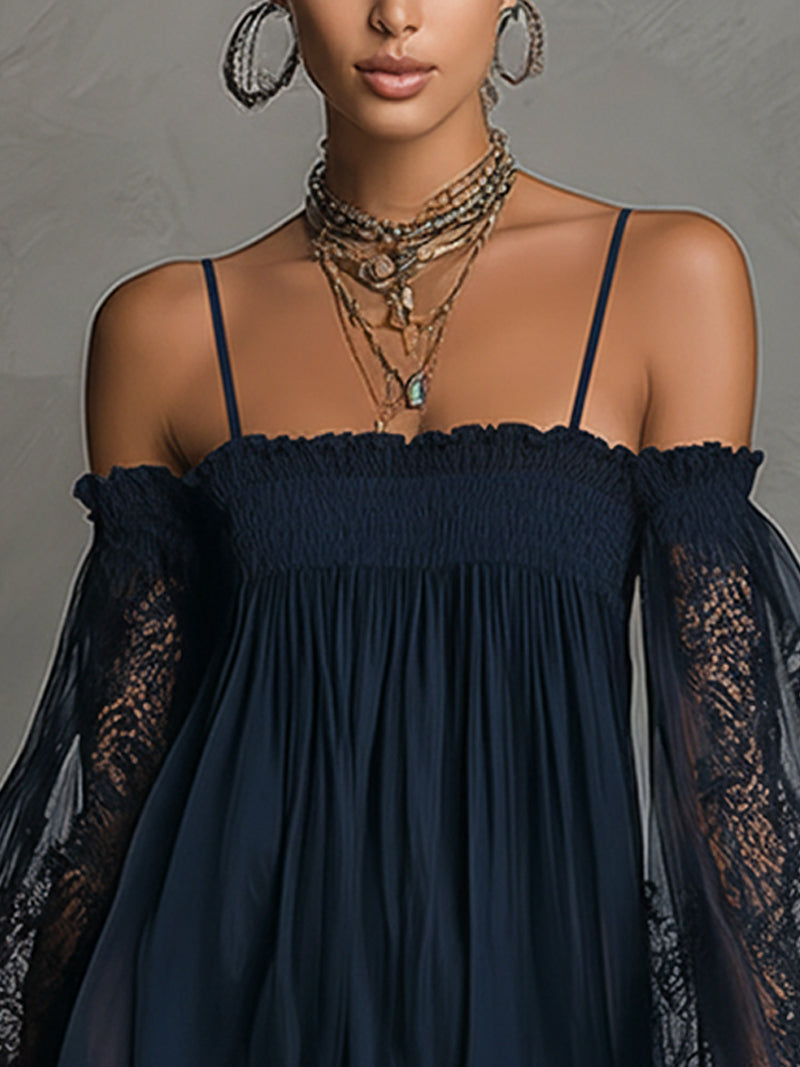 Robe Mini Marine — Dentelle Chiffon Épaules Nues