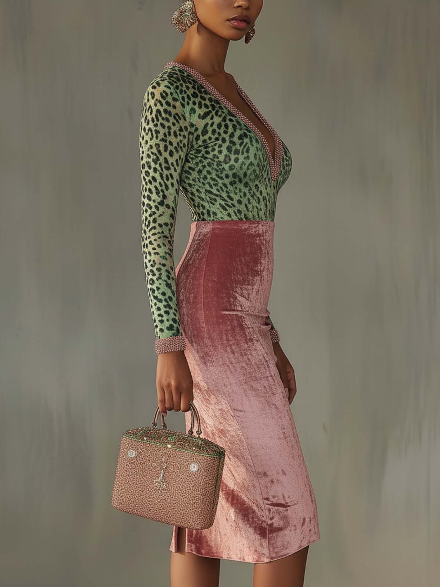 Robe Midi Rose — Velours Bodycon Patchwork Léopard