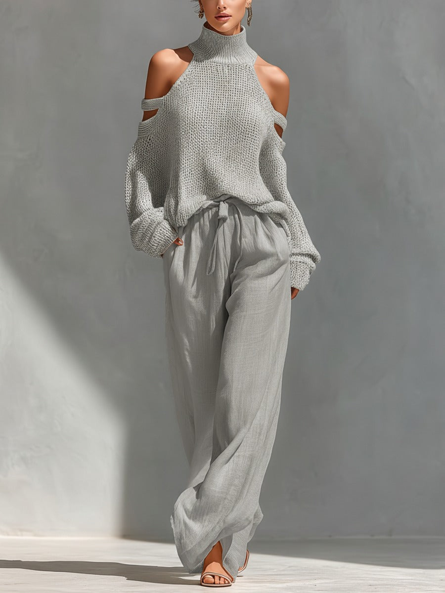 Ensemble Ivoire — Pull Col Roulé Épaules Nues et Pantalon Large
