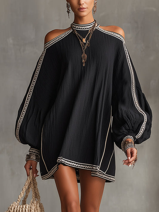 Robe Mini Noire — Lin Boho Épaules Froides Manches Lanterne