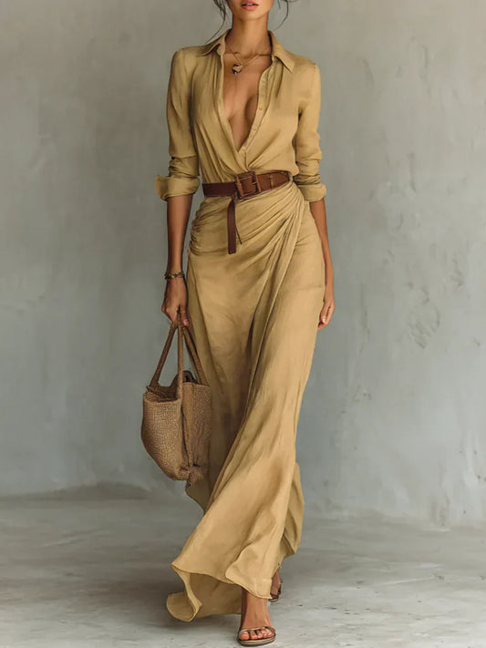 Camille™ | Robe Maxi Revers et Ceinture à la Taille