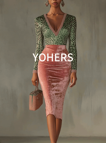Robe Midi Rose — Velours Bodycon Patchwork Léopard