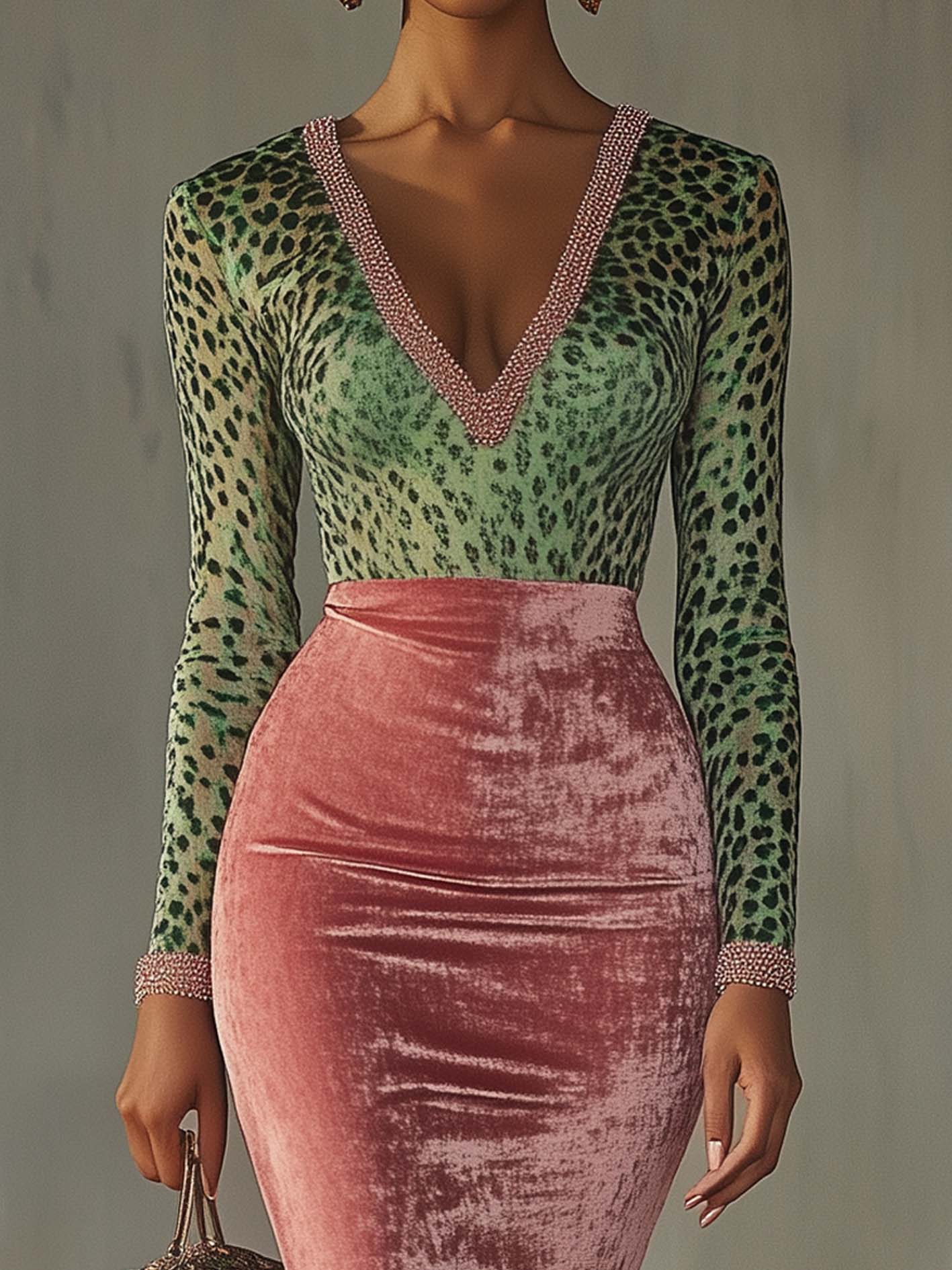 Robe Midi Rose — Velours Bodycon Patchwork Léopard